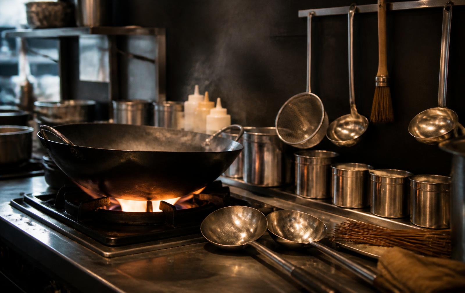 Välanvänd svart wok på het spis med ånga i ett enkelt restaurangkök